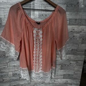 Unique Spectrum Peach Lace drop shoulder country loose shirt women’s 2X